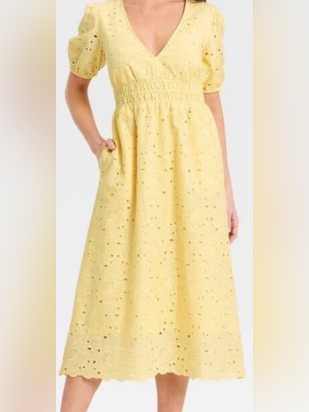 a new day Yellow Eyelet V‑Neck Midi Dress with Puff Sleeves